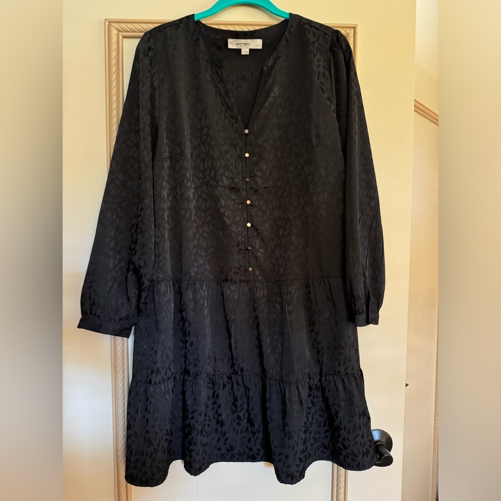 LOFT ladies size large petite black satin dress with gold buttons